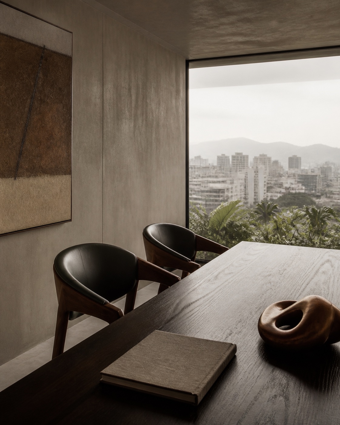Sala de reunião modernista com materiais naturais, imagem conceitual