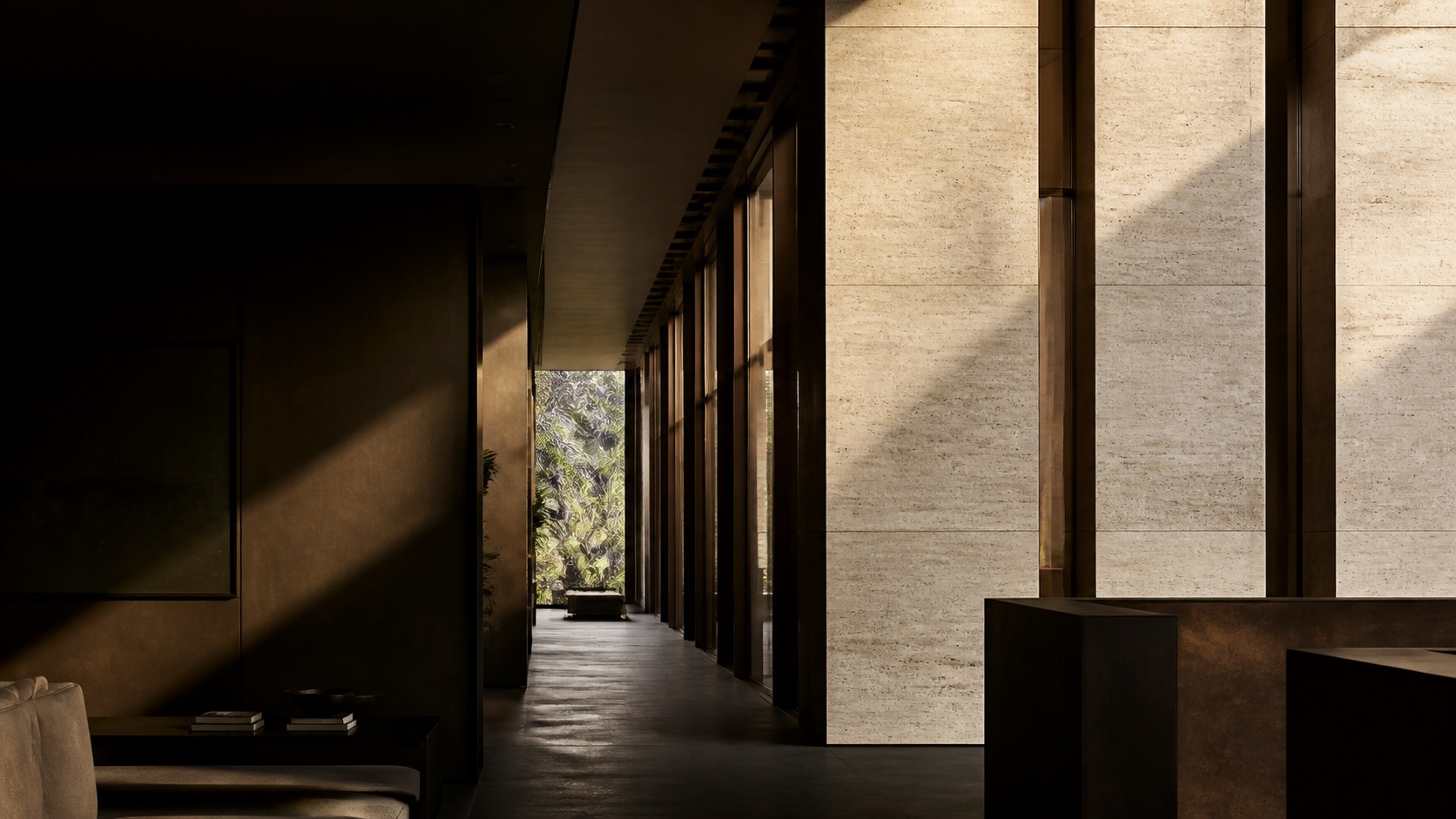 Interior modernista em pedra natural e bronze, imagem conceitual